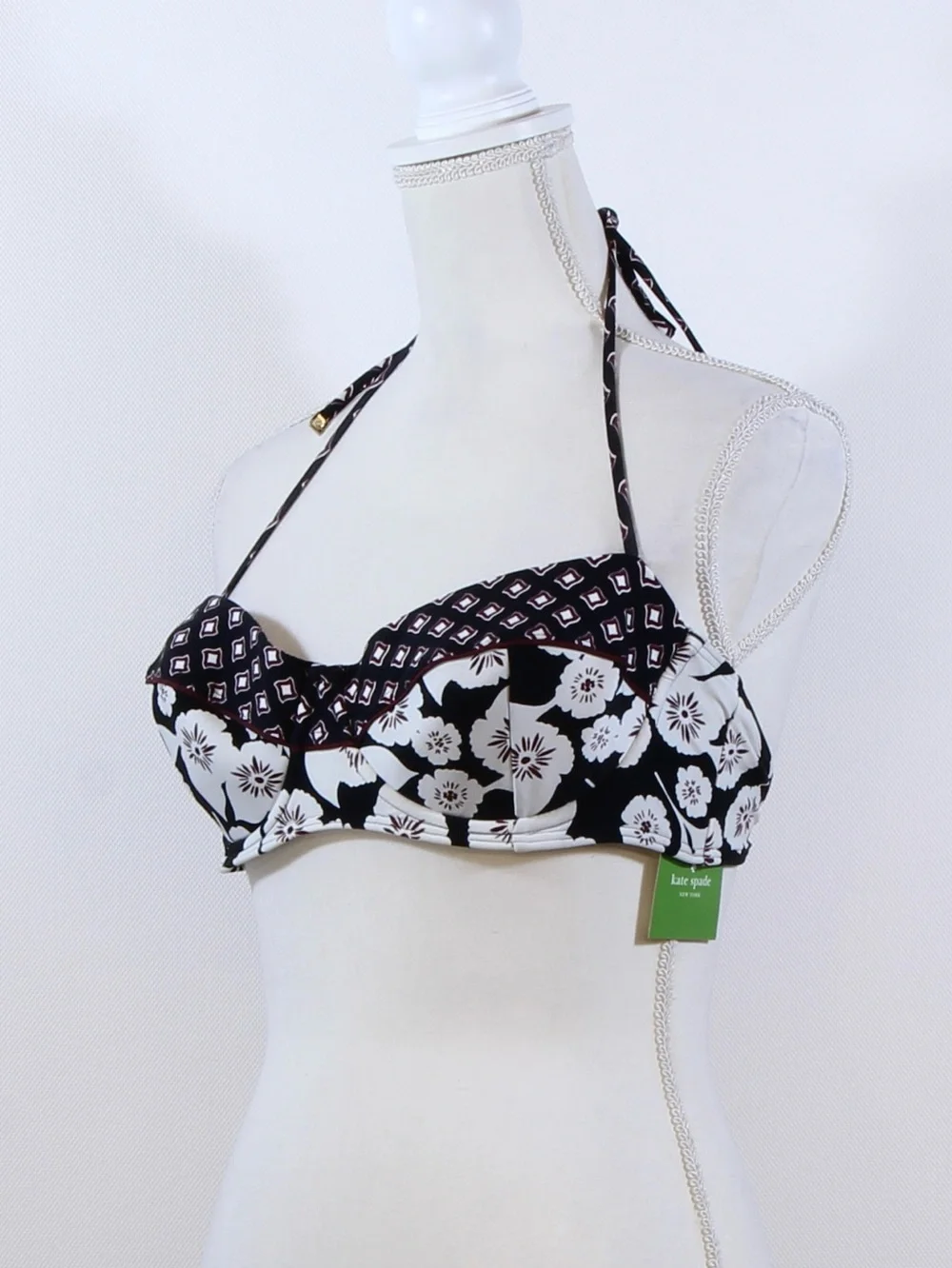 Kate Spade Black & White Floral Halter Bikini Top with Geometric Trim NWT
